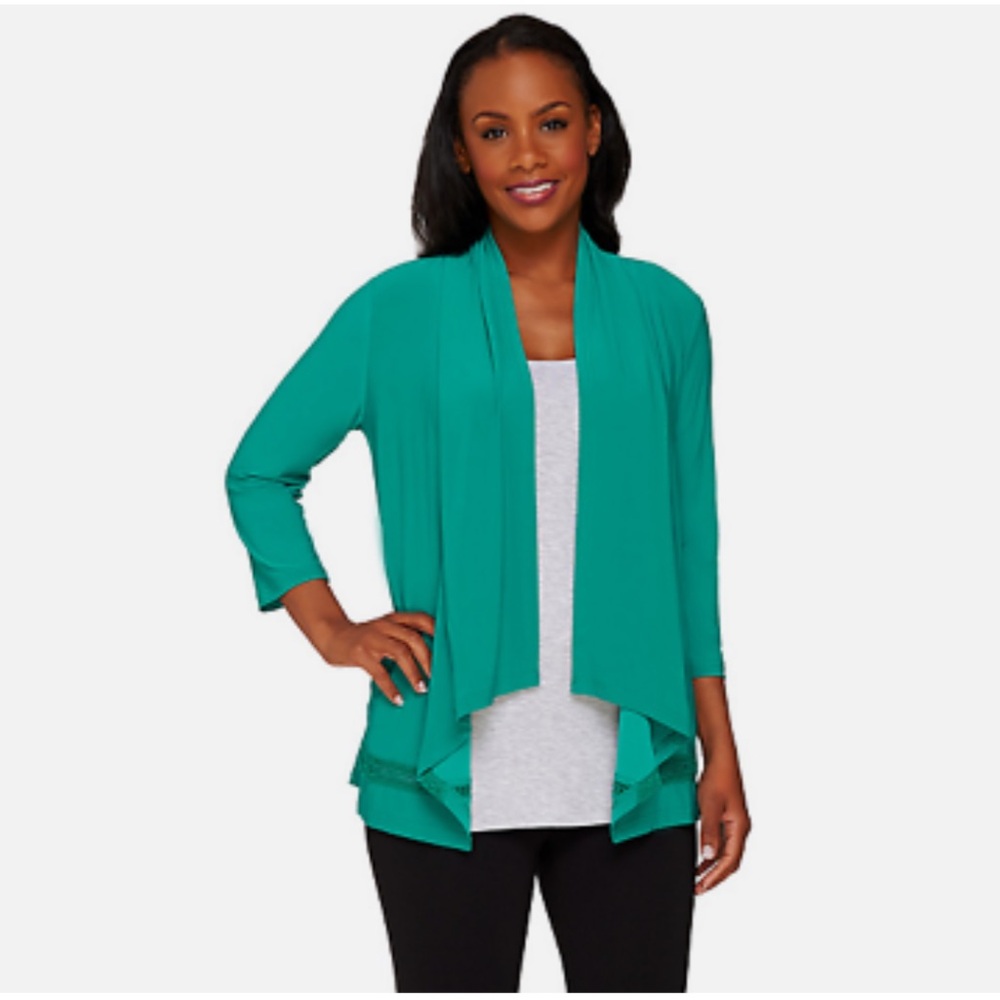 Joan Rivers Drape Front Knit Cardigan with Crochet Detail-Jade-XXS-NEW-A264999